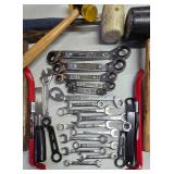 G - Mixed Hand Tool Lot with Wrenches, Pry Bars, and Mallets