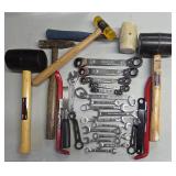 G - Mixed Hand Tool Lot with Wrenches, Pry Bars, and Mallets