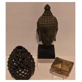 LL-CL - Decorative Bronze Buddha Bust, Cast Iron Pine Cone Candle Holder, and Brass Betel Box Set