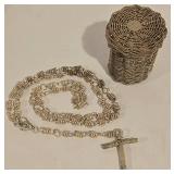 LL-TR - Set of 3 African Beaded & Woven Art Pieces: Jella Bowl, Multicolored Canister, Metal Wire Rosary with Case