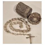 LL-TR - Set of 3 African Beaded & Woven Art Pieces: Jella Bowl, Multicolored Canister, Metal Wire Rosary with Case