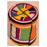 LL-TR - Set of 3 African Beaded & Woven Art Pieces: Jella Bowl, Multicolored Canister, Metal Wire Rosary with Case