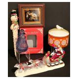 LL-TR - Holiday and Decorative Collectibles Lot: Framed Elephant, Sleigh, Candle, Snowman Ornament, Glass Angel