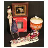 LL-TR - Holiday and Decorative Collectibles Lot: Framed Elephant, Sleigh, Candle, Snowman Ornament, Glass Angel