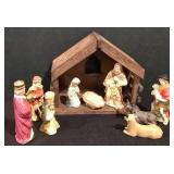 LL-TR - Ceramic Nativity Scene Set with Wood Stable - 11 Piece Holiday Display
