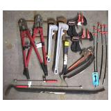 G - Hand Tool Lot with Pipe Wrenches, Bolt Cutters, Clamps, Pry Bars, and Drain Clog Tools