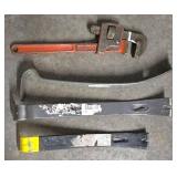 G - Hand Tool Lot with Pipe Wrenches, Bolt Cutters, Clamps, Pry Bars, and Drain Clog Tools