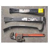 G - Hand Tool Lot with Pipe Wrenches, Bolt Cutters, Clamps, Pry Bars, and Drain Clog Tools