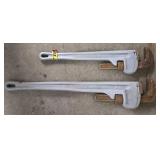 G - Hand Tool Lot with Pipe Wrenches, Bolt Cutters, Clamps, Pry Bars, and Drain Clog Tools