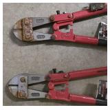G - Hand Tool Lot with Pipe Wrenches, Bolt Cutters, Clamps, Pry Bars, and Drain Clog Tools
