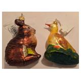 LL-FR - Set of 2 Polish Glass Ornaments - Brown Rabbit and Duck Family