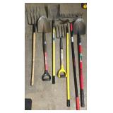 G - Collection of 7 Yard Tools Including Shovels, Rakes, and Pitchforks