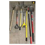 G - Collection of 7 Yard Tools Including Shovels, Rakes, and Pitchforks