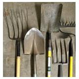 G - Collection of 7 Yard Tools Including Shovels, Rakes, and Pitchforks