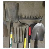 G - Collection of 7 Yard Tools Including Shovels, Rakes, and Pitchforks