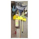 G - Garden Tool Lot with Rakes Watering Cans Solar Flamingo and Hummingbird Feeder