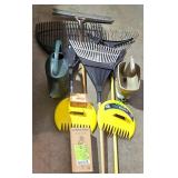 G - Garden Tool Lot with Rakes Watering Cans Solar Flamingo and Hummingbird Feeder