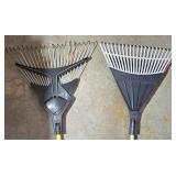 G - Garden Tool Lot with Rakes Watering Cans Solar Flamingo and Hummingbird Feeder