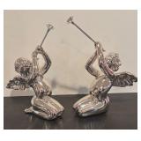 S - Pair of Department 56 Silver Cherub Trumpet Figurines