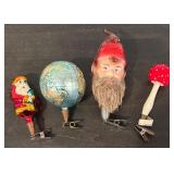 S - Set of 4 Vintage Glass Clip Ornaments including Santa, Globe, Mushroom and Lumberjack
