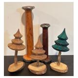 S - Lot of 2 Vintage Wooden Textile Spools and 3 Handcrafted Wooden Trees