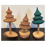 S - Lot of 2 Vintage Wooden Textile Spools and 3 Handcrafted Wooden Trees