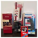 TR - Holiday Lights and Accessories Lot: 100 Light Holders, Clear Light Set, Red LED String, Light Tester and More