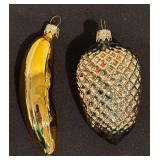 S - Set of 2 Glass Fruit Christmas Ornaments, 5 Inch Banana and Pinecone