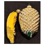 S - Set of 2 Glass Fruit Christmas Ornaments, 5 Inch Banana and Pinecone