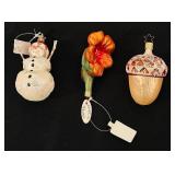 S - Set of 3 Glass Holiday Ornaments Snowman Flower Acorn