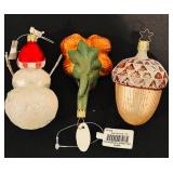 S - Set of 3 Glass Holiday Ornaments Snowman Flower Acorn