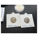 Five Coins: 1958 and 1959 Proof Jefferson Nickels; 1999 Proof Susan B. Anthony Dollar in U. S. Mint Package with COA; Two 1986-D Uncirculated Half Dollars