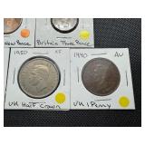 Five Older British Coins: 1940 UK Penney AU, 1945 UK Penney AU, 1981 Britain Two New Pence AU, 1960 Britain Three Pence XF, 1950 UK Half Crown XF
