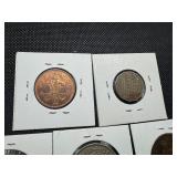 Five Older British Coins: 1940 UK Penney AU, 1945 UK Penney AU, 1981 Britain Two New Pence AU, 1960 Britain Three Pence XF, 1950 UK Half Crown XF