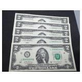 Five Sequential Two Dollar Bills