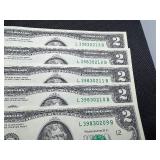 Five Sequential Two Dollar Bills