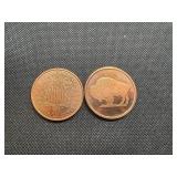 Two 2011 1 Oz Copper Rounds Buffalo Design