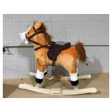 Qaba Kids Plush Toy Rocking Horse, Wooden Ride-on Chair, Plush Animal Rocker with Realistic Sounds and Moving Tail for Toddlers, Brown