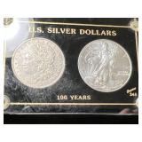 1899-O US MORGAN SILVER DOLLAR WITH 1999 AMERICAN SILVER EAGLE IN CASE