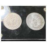 1899-O US MORGAN SILVER DOLLAR WITH 1999 AMERICAN SILVER EAGLE IN CASE