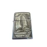 Vintage Zippo Metal Lighter with Sailing Ship Relief
