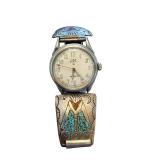 Vintage Elgin Wristwatch with Sterling Silver and Turquoise Cuff Band