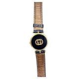 Gucci Swiss Made Black and Gold Wristwatch with Leather Band