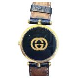 Gucci Swiss Made Black and Gold Wristwatch with Leather Band
