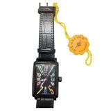 Stuhrling Original Square Face Black Leather Watch, Multi-Color Dial
