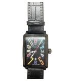 Stuhrling Original Square Face Black Leather Watch, Multi-Color Dial