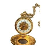 Stauer Gold Tone Pocket Watch with Chain and Engraved Cover