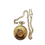 Stauer Gold Tone Pocket Watch with Chain and Engraved Cover