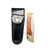 Vintage Folding Pocket Knife with Wooden Handle and Sheath