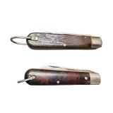 Pair of Vintage Two-Blade Folding Pocket Knives with Wood Grain Handles